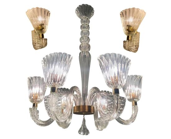 Set Art Deco Chandelier and Pair of Sconces by Ercole Barovier, Murano, 1940s