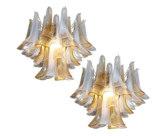 Elegant Pair of Chandeliers White and Amber Petals, Murano, 1990s