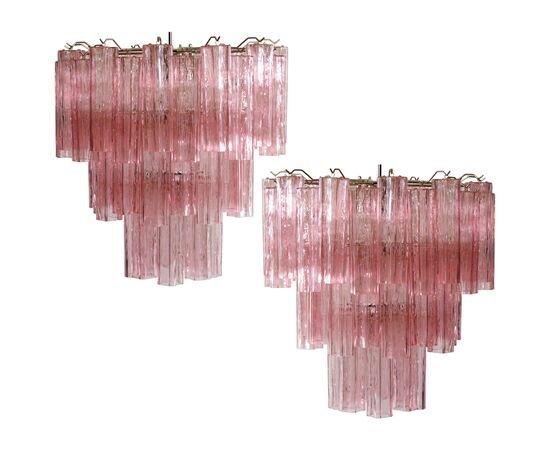 Pair Tronchi Chandeliers Toni Zuccheri Style, 48 Pink Glasses, Murano, 1990