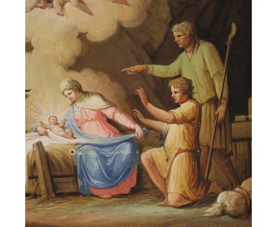 Antique religious painting Adoration of the Shepherds from 19th century