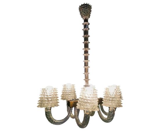 Ercole Barovier Midcentury "Rostrato" Murano Glass Italian Chandelier, 1940s