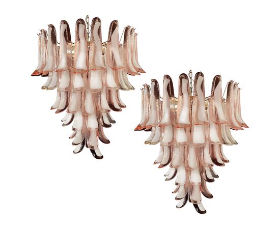 Fabulous Pair of Italian Pink and White Petal Chandeliers, Murano