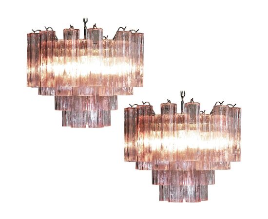 Pair of Italian Pink Glass Tube Chandeliers, Murano, 1970s