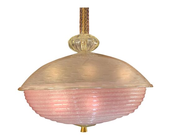 Charming Pink Glass Lantern Chandelier by Barovier & Toso, Murano, 1940