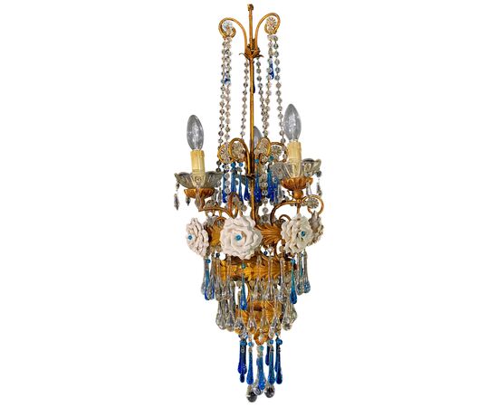 Lovely Chandelier with White Roses and Blue Drops, Murano, 1950s