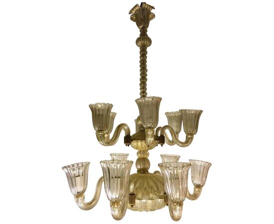 Italian Chandelier Gold Inclusion by Barovier & Toso, Murano, 1940s