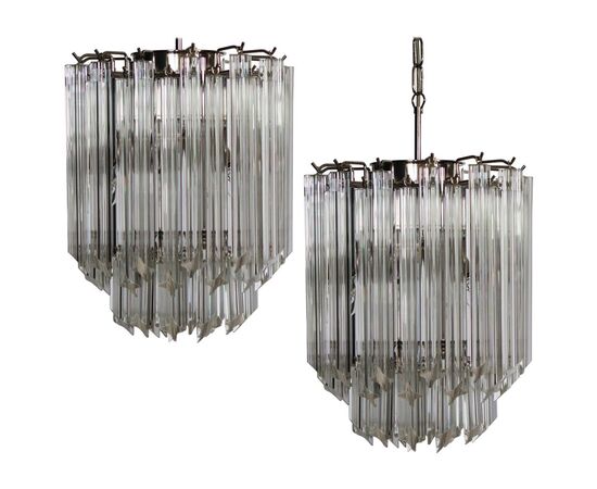 Pair of Chandeliers Venini Style 47 Transparent Prism Triedri, Murano, 1990