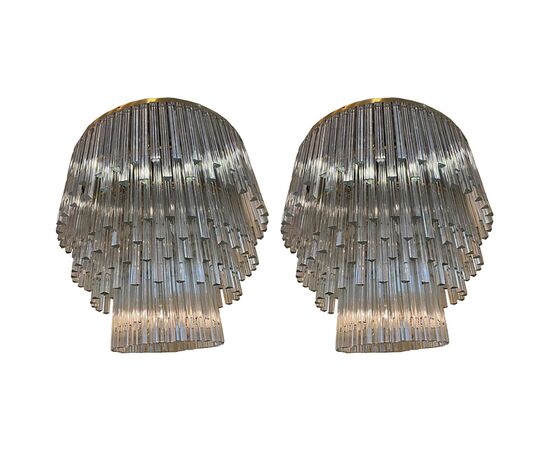 Pair of Chandeliers Venini Style Transparent Prism Triedri, Murano, 1990