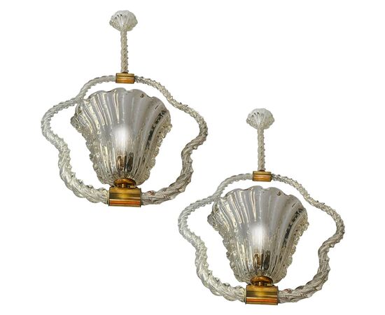 Pair of Art Deco Chandeliers by Ercole Barovier, Murano, 1940