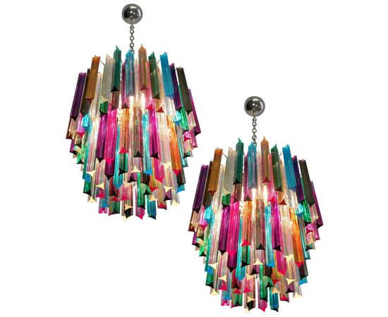 Pair of Chandeliers Multi-Color Triedri, 107 Prism, Murano, 1970s