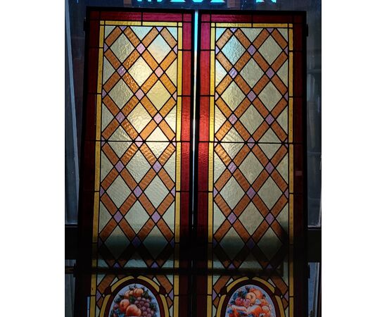 pan316 - n. 2 liberty colored glass doors, to be restored, cm l 87 xh 146     