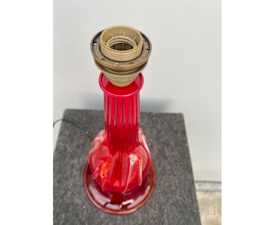 Lamp in red glass with transparent embossed applications with gold leaf.Murano.     