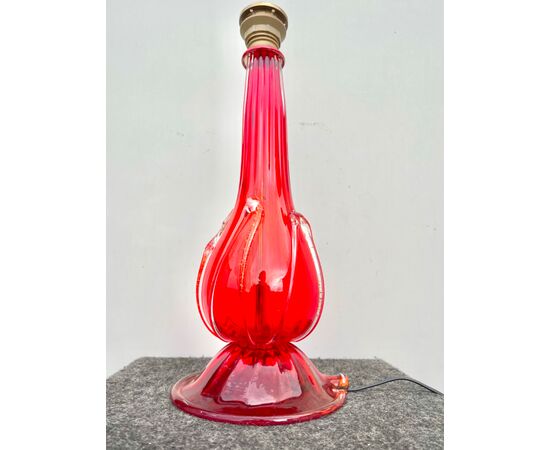 Lamp in red glass with transparent embossed applications with gold leaf.Murano.     