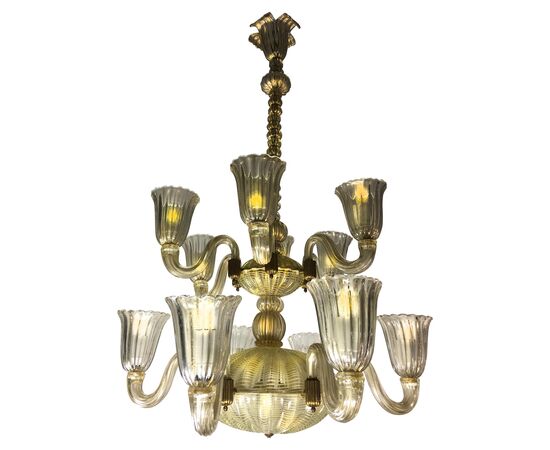 Italian Chandelier Gold Inclusion by Barovier & Toso, Murano, 1940s