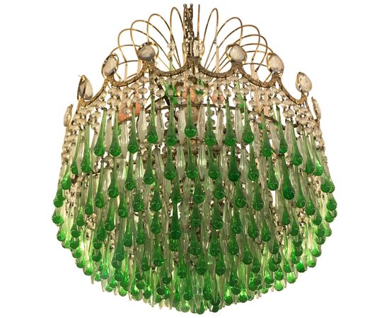 Italian Green Glass Drops Chandelier Venini Style, Murano, 1970s