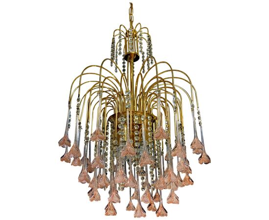 Venetian Chandelier Pink Flowers Glass, Murano, 1970s