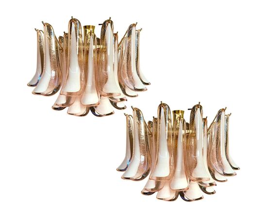 Pair of Italian Chandeliers Pink and White Petals, Murano, 1990