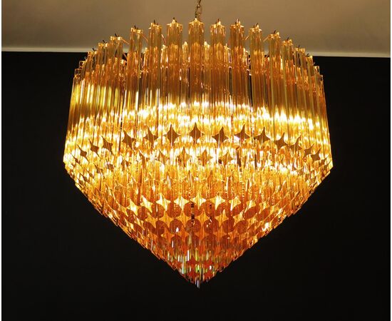 Trio of Quadriedri Murano Glass Chandelier, 265 Amber Prism, Gold Frame