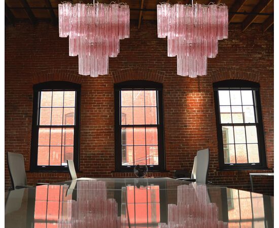 Pair Tronchi Chandeliers Style Toni Zuccheri, 48 Pink Glasses, Murano, 1990