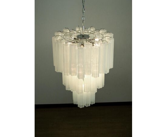 Pair Tronchi Chandeliers Style Toni Zuccheri, 48 White Glasses, Murano, 1990