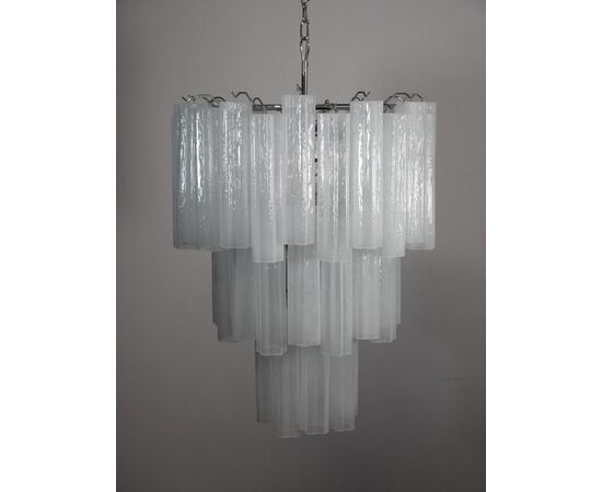 Pair Tronchi Chandeliers Style Toni Zuccheri, 48 White Glasses, Murano, 1990