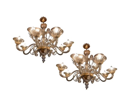 Charming Pair of Murano Chandeliers by Seguso, 12 Arms, Murano, 1980s