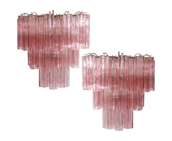 Pair Tronchi Chandeliers Style Toni Zuccheri, 48 Pink Glasses, Murano, 1990