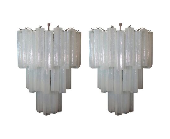 Pair Tronchi Chandeliers Style Toni Zuccheri, 48 White Glasses, Murano, 1990