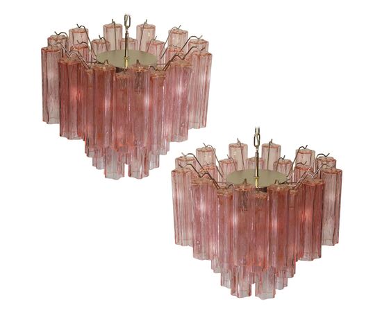 Pair of Tronchi Chandeliers Style Toni Zuccheri, 36 Pink Glasses, Murano, 1990