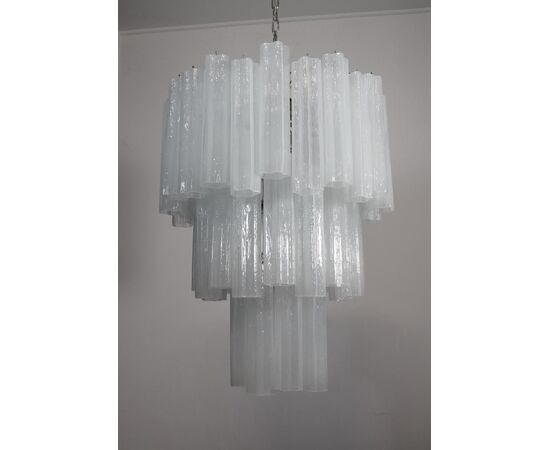 Pair Tronchi Chandeliers Style Toni Zuccheri, 48 White Glasses, Murano, 1990