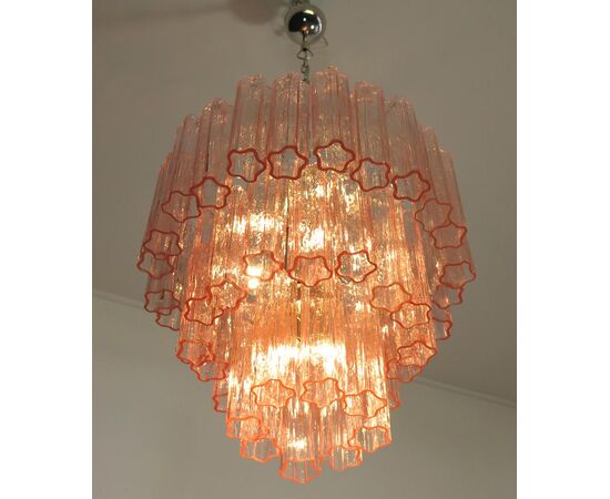 Pair Tronchi Chandeliers Style Toni Zuccheri, 48 Pink Glasses, Murano, 1990