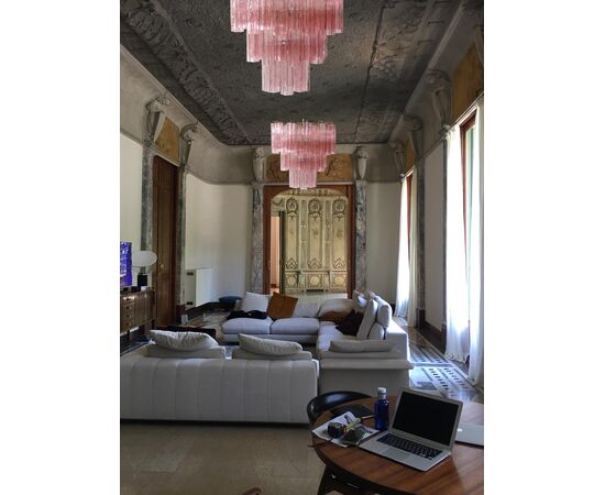 Pair Tronchi Chandeliers Style Toni Zuccheri, 48 Pink Glasses, Murano, 1990