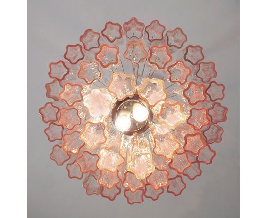 Pair Tronchi Chandeliers Style Toni Zuccheri, 48 Pink Glasses, Murano, 1990