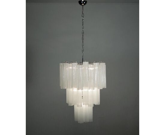 Pair Tronchi Chandeliers Style Toni Zuccheri, 48 White Glasses, Murano, 1990