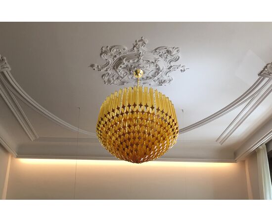 Pair of Quadriedri Murano Glass Chandelier, 265 Amber Prism, Gold Frame