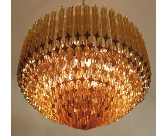 Pair of Quadriedri Murano Glass Chandelier, 265 Amber Prism, Gold Frame