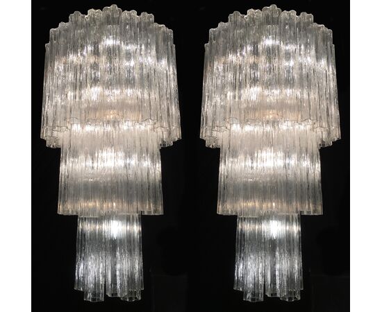 Pair Venetian Tronchi Chandeliers Style Toni Zuccheri, 48 Glasses, Murano, 1990