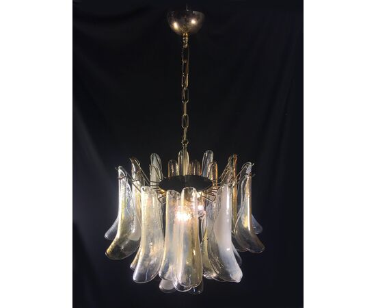 Elegant Pair of Chandeliers White and Amber Petals, Murano, 1990s