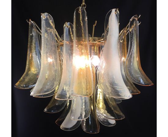 Elegant Pair of Chandeliers White and Amber Petals, Murano, 1990s