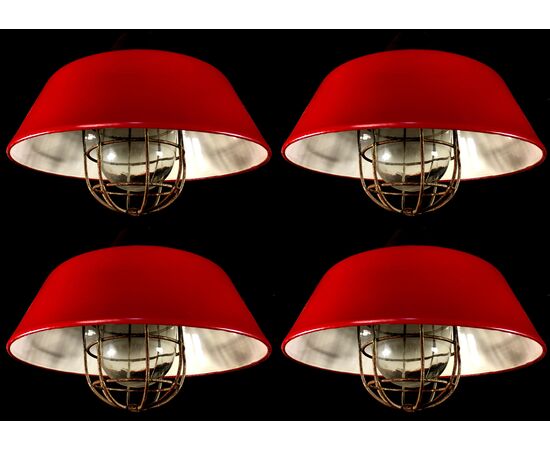 Set of Four Multicolor Industrial Pendant Lights, Budapest, 1950s