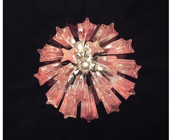 Charming Pair of Triedri Glass Chandeliers, Pink Prism, Murano