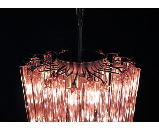 Charming Pair of Triedri Glass Chandeliers, Pink Prism, Murano