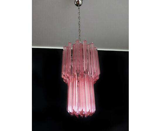 Charming Pair of Triedri Glass Chandeliers, Pink Prism, Murano