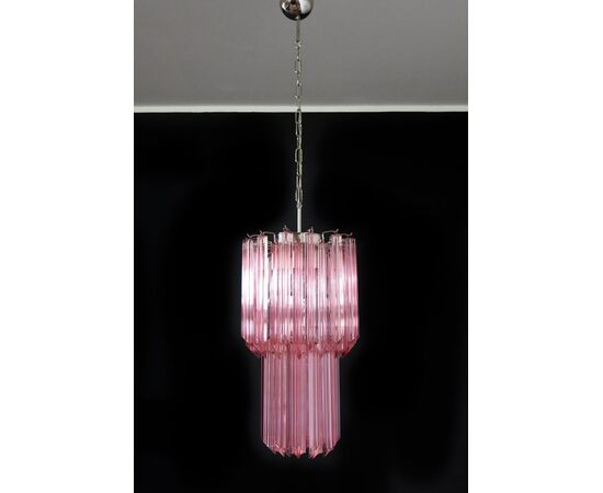 Charming Pair of Triedri Glass Chandeliers, Pink Prism, Murano