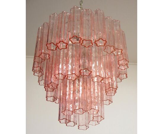 Pair Tronchi Chandeliers Toni Zuccheri Style, 48 Pink Glasses, Murano, 1990