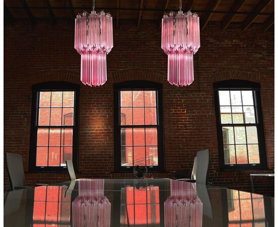 Charming Pair of Triedri Glass Chandeliers, Pink Prism, Murano