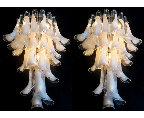 Pair of Vintage Italian Wall Lights Mazzega Style, 21 Lattimo Petals, Murano