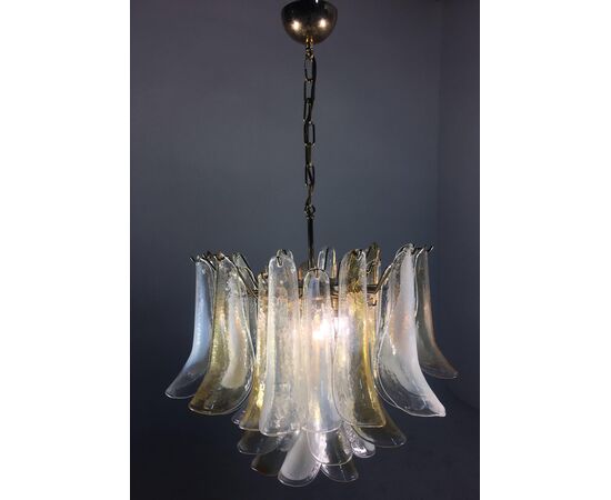 Elegant Pair of Chandeliers White and Amber Petals, Murano, 1990s