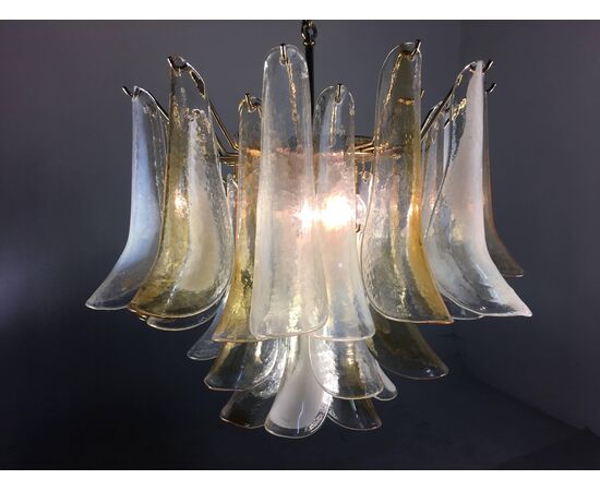 Elegant Pair of Chandeliers White and Amber Petals, Murano, 1990s