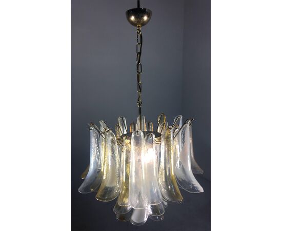 Elegant Pair of Chandeliers White and Amber Petals, Murano, 1990s